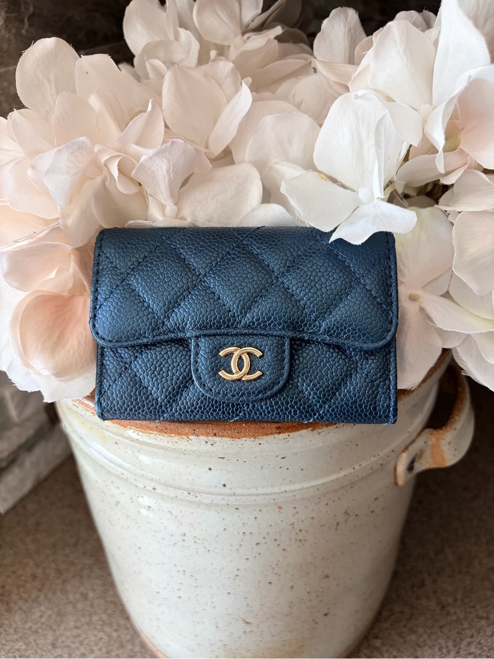 CHANEL Blue Quilted Caviar Flap Card Holder Wallet